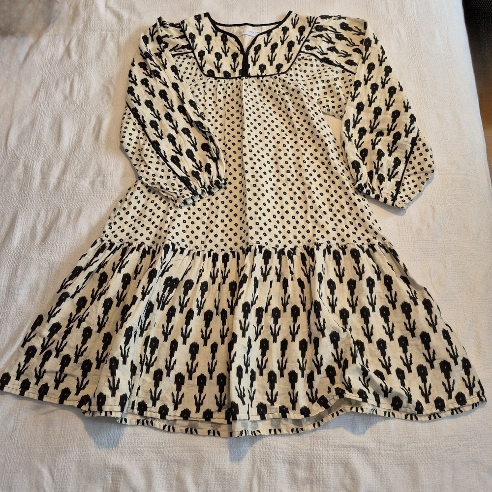 Zara girls 13-14 or 164cm ecru & black Muslin Cotton dress flower & dot EUC